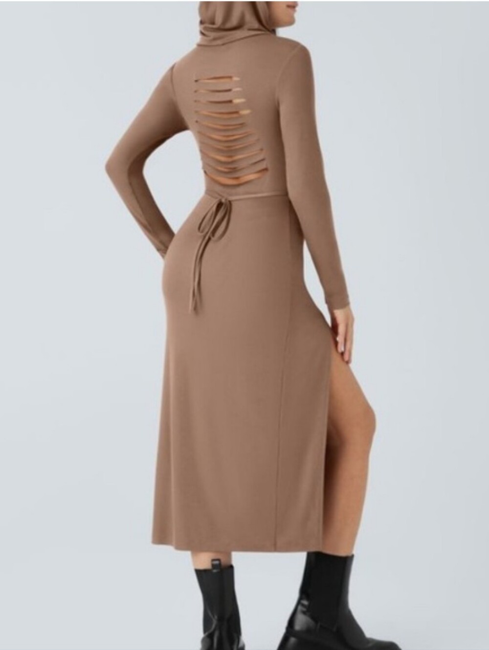 HALARA* Long Sleeve*High Slit Hooded Midi Dress in BLACK Size M - Picture 2 of 10